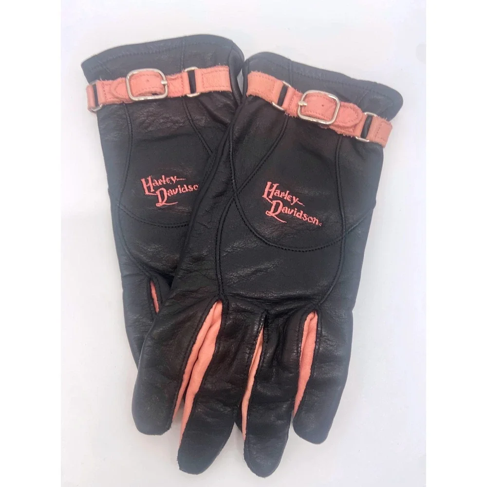 Harley Davidson Womens Black/ Pink Leather Riding Gloves Gel Palm 97217 Size Lrg